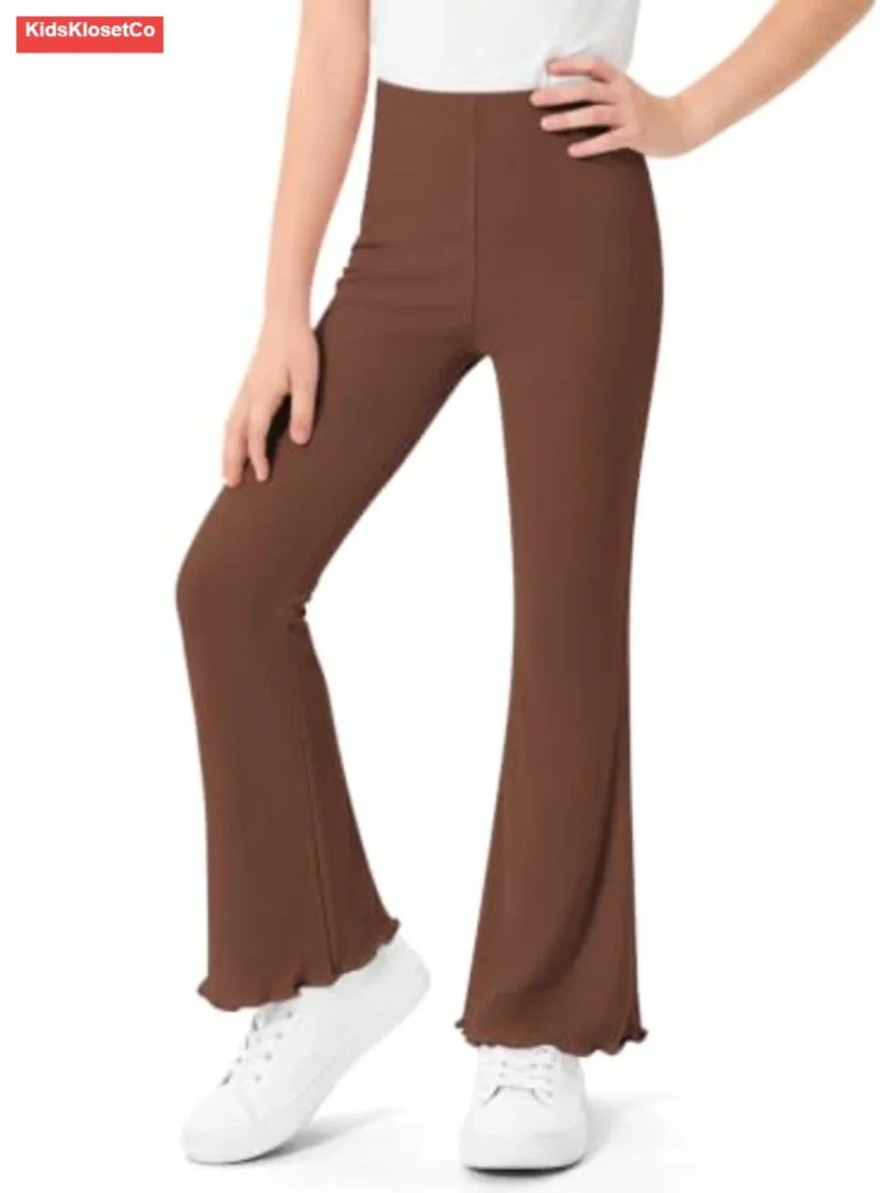 Girls Ribbed Knit Flared Leggings High Waist Bell Bottoms